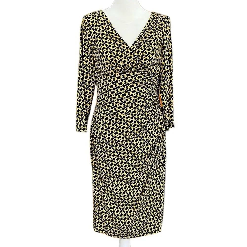 Lauren Ralph Lauren faux wrap style dress with shirred side , black/gold size 6